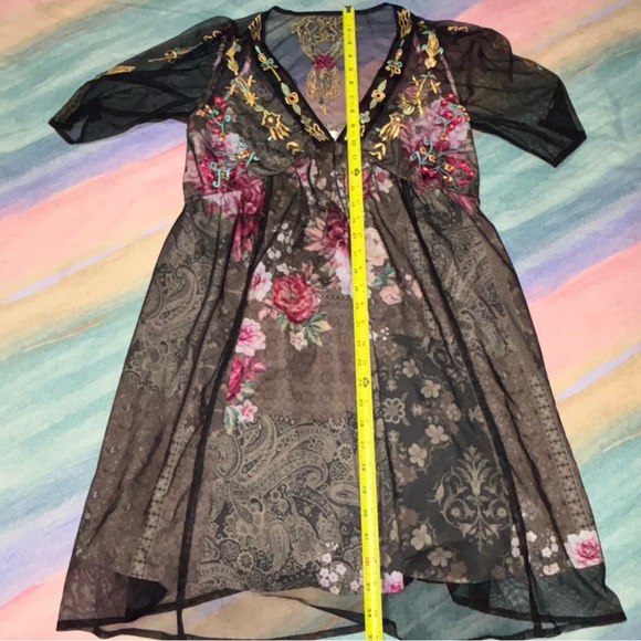 Wayward Fancies Graphic Embroidery Tulle Overlay Floral Print Crepe Empire Dress - Picture 8 of 10